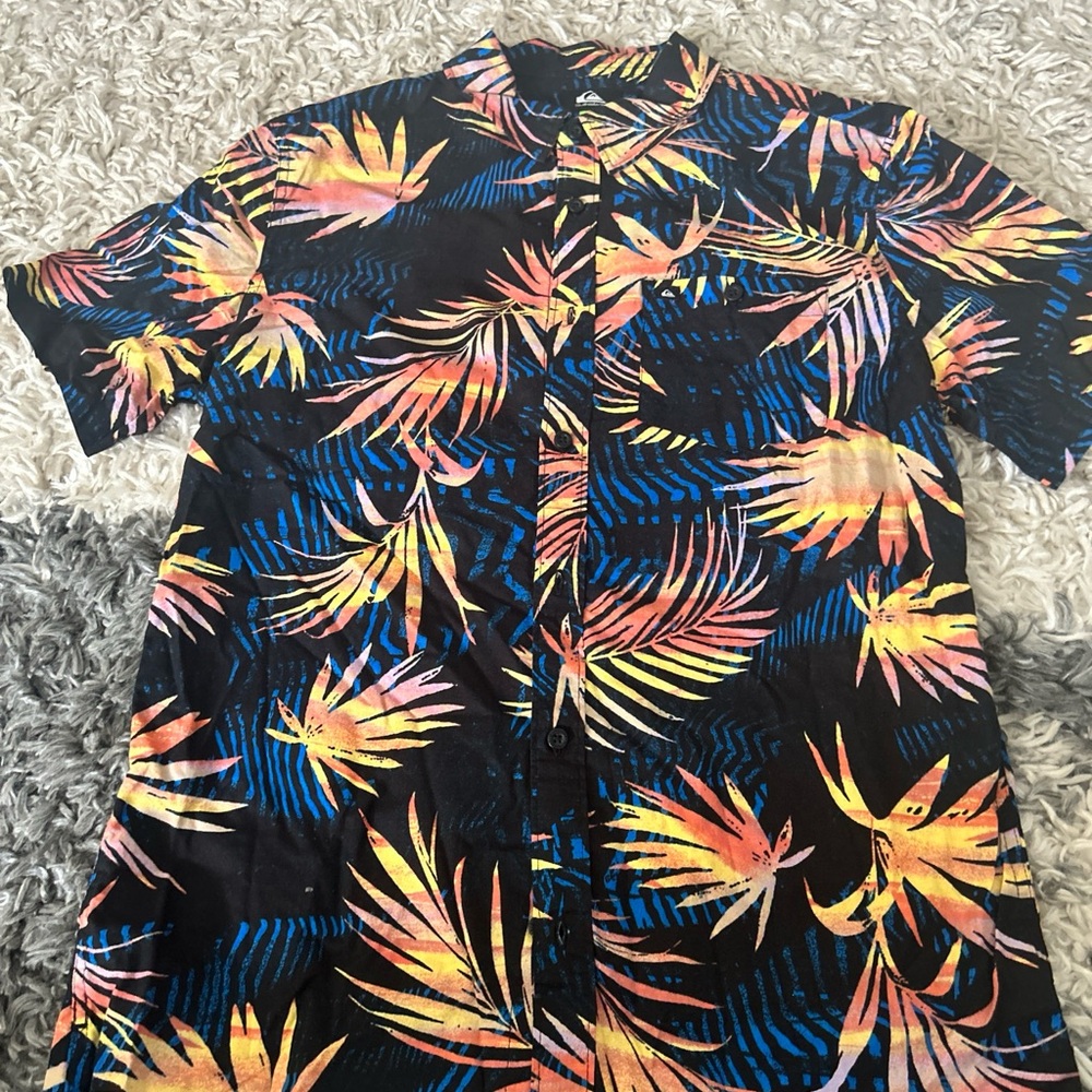 NEW Quiksilver Shirt Mens S Black Orange Tropical Short Sleeve Button Up Cotton